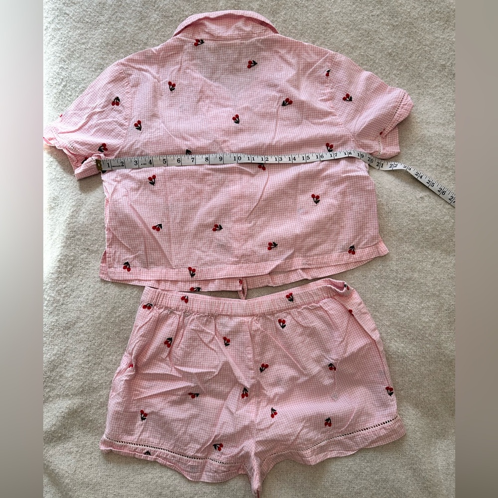 Cynthia Rowley Pink Gingham with Embroidered Cherries Pajama Set - Size Medium - Picture 6 of 7